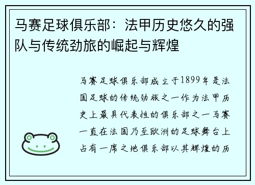 马赛足球俱乐部:法甲历史悠久的强队与传统劲旅的崛起与辉煌 马赛足球俱乐部:法甲历史悠久的强队与传统劲旅的崛起与辉煌